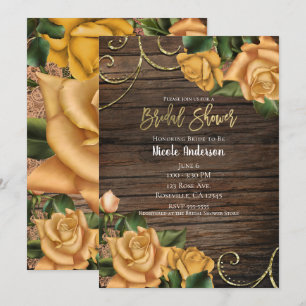 Yellow Roses & Country Rustic Wood Bridal Shower Invitation