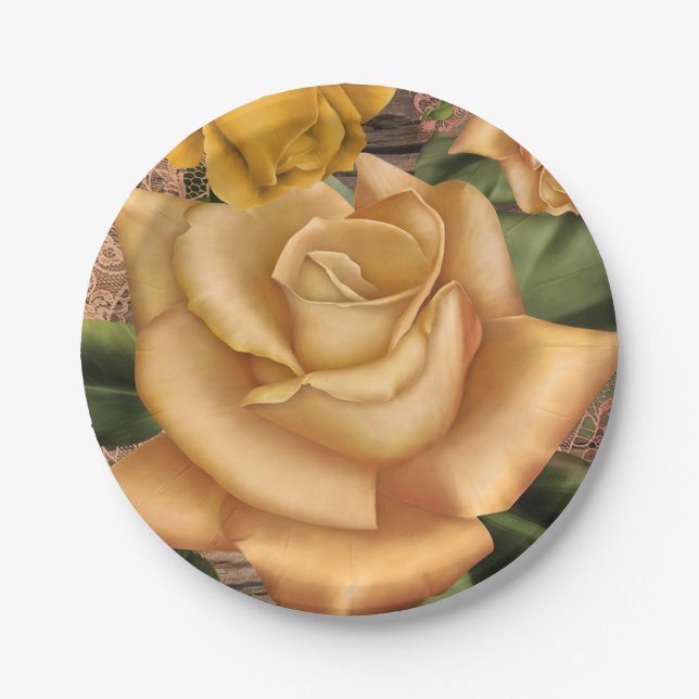 Yellow Roses & Country Rustic Wood Bridal Shower Paper Plate (Front)