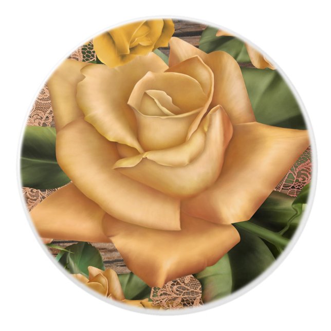 Yellow Roses & Country Rustic Wood Shabby Chic Ceramic Knob (Front)