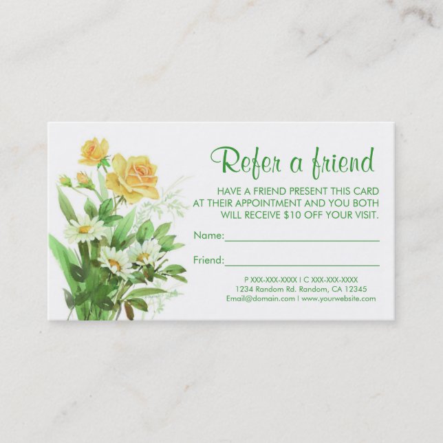 Yellow roses daisies refer a friend business cards (Front)
