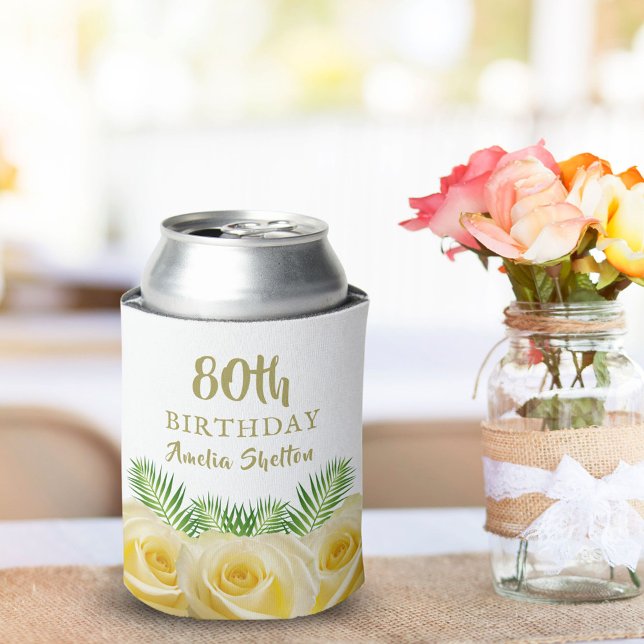 Yellow Roses Floral 80th Birthday Party Can Cooler (Creator Uploaded)
