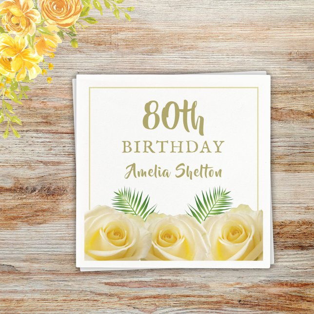 Yellow Roses Floral 80th Birthday Party Napkin (Creator Uploaded)