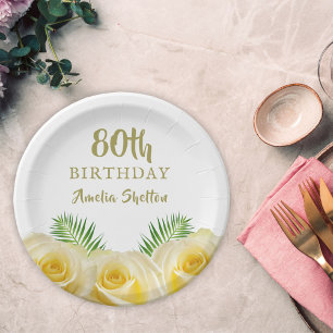 Yellow Roses Floral 80th Birthday Party Paper Plate