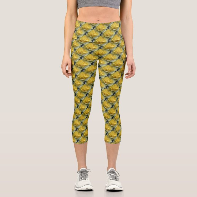 Yellow Roses Floral  Capri Leggings (Front)