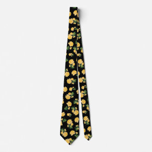 Yellow roses Floral pattern on black Tie