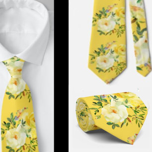 Yellow Roses Flowers Floral Pattern Neck Tie