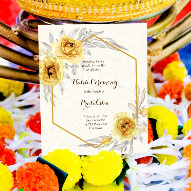Yellow roses geometric Budget Haldi Invitation (Creator Uploaded)