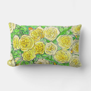 Yellow Roses, Green Leaves Rose Garden Floral Art Lumbar Cushion