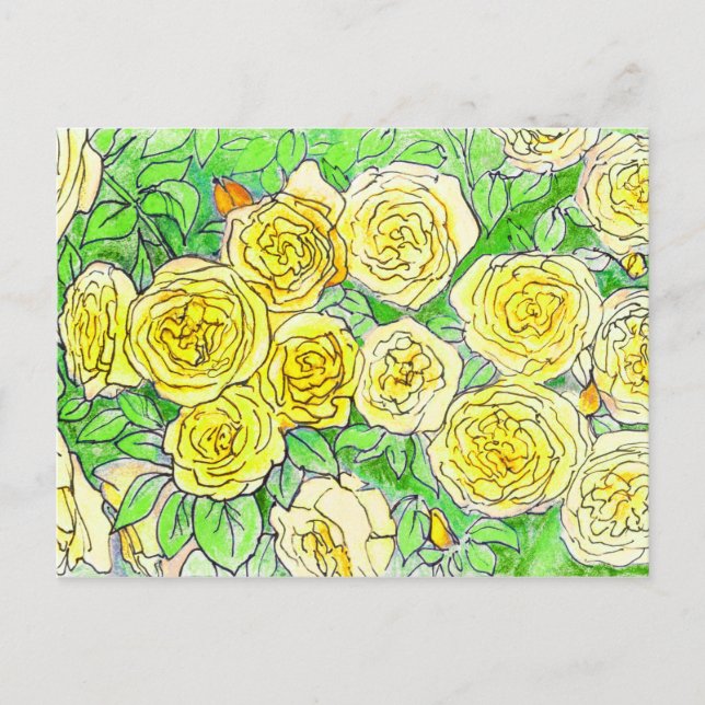Yellow Roses, Green Leaves Rose Garden Floral Art Postcard (Front)