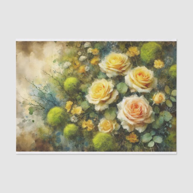 Yellow Roses Green Moss Impressionist Decoupage Tissue Paper (Front)