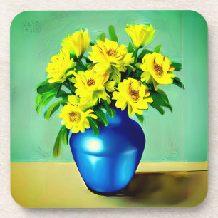 Yellow Roses in a Blue Vase Boho Art Coaster