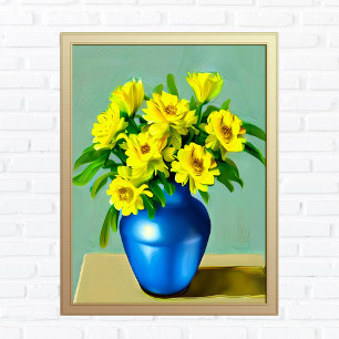 Yellow Roses in a Blue Vase Boho Art Poster