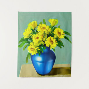 Yellow Roses in a Blue Vase Boho Art Tapestry