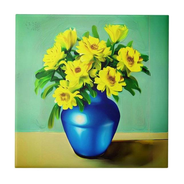 Yellow Roses in a Blue Vase Boho Art Tile (Front)