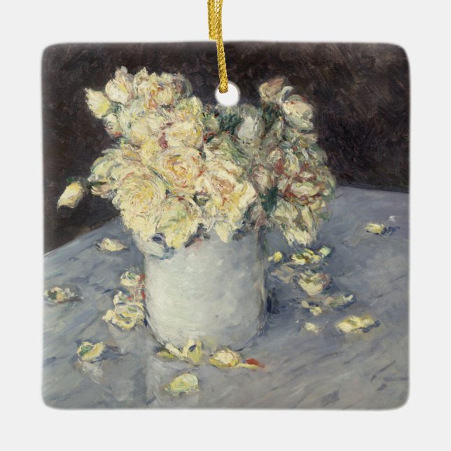 Yellow Roses in a Vase by Caillebott Impressionist Ceramic Ornament (Front)