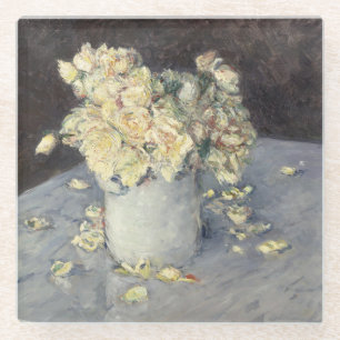 Yellow Roses in a Vase by Caillebott Impressionist Glass Coaster