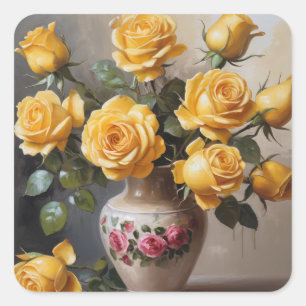 Yellow roses in vase square sticker