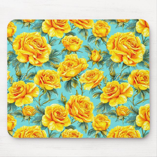 Yellow roses on a blue background mouse pad (Front)