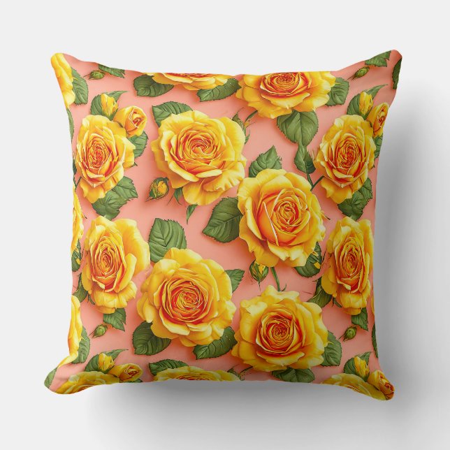 Yellow roses on a pink background cushion (Front)