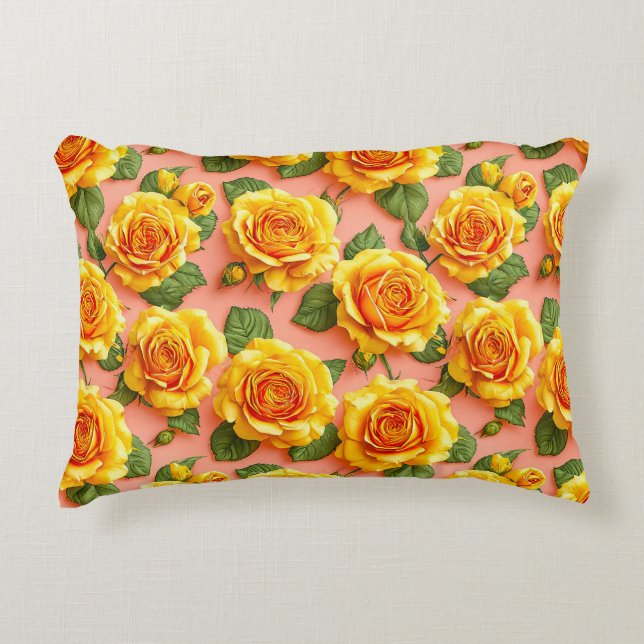 Yellow roses on a pink background decorative cushion (Front)