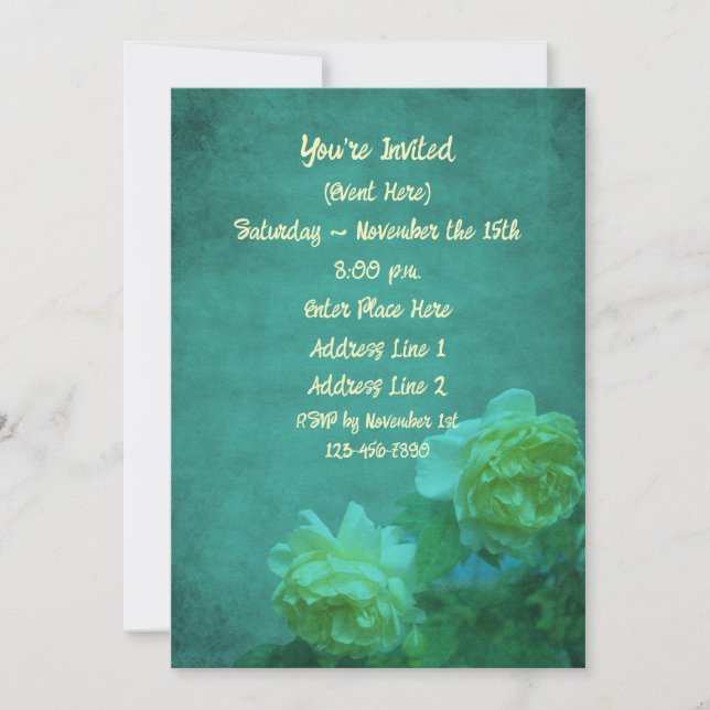 Yellow Roses On Aged Turquoise Floral Party Invitation (Front)