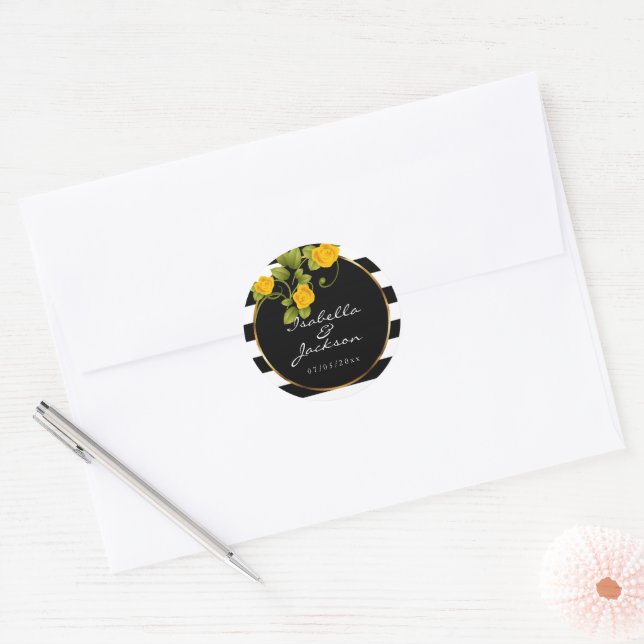 Yellow Roses on Black and White Stripes Classic Round Sticker (Envelope)