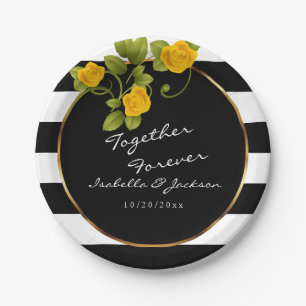 Yellow Roses on Black and White Stripes Paper Plate