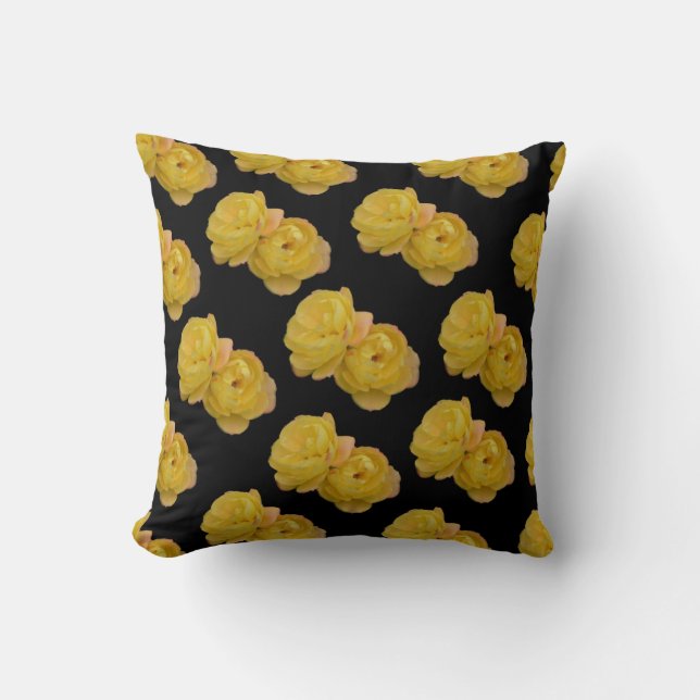Yellow Roses On Black Throw Cushion. Cushion (Front)