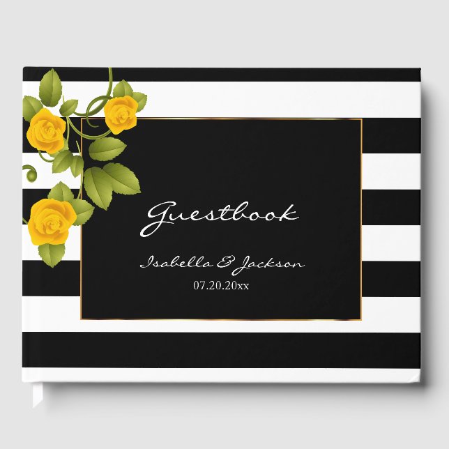 Yellow Roses on Black & White Stripes Guest Book (Front)