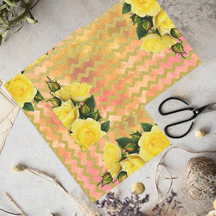Yellow Roses On Faux Gold Glitter Chevron Pattern Tissue Paper