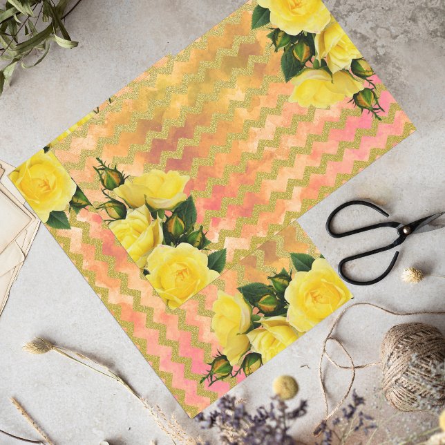 Yellow Roses On Faux Gold Glitter Chevron Pattern Tissue Paper (Creator Uploaded)