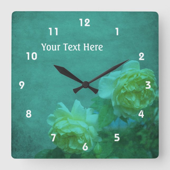 Yellow Roses On Turquoise Square Wall Clock (Front)