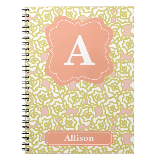 Yellow Roses Orange Monogram Spiral Notebook (Front)