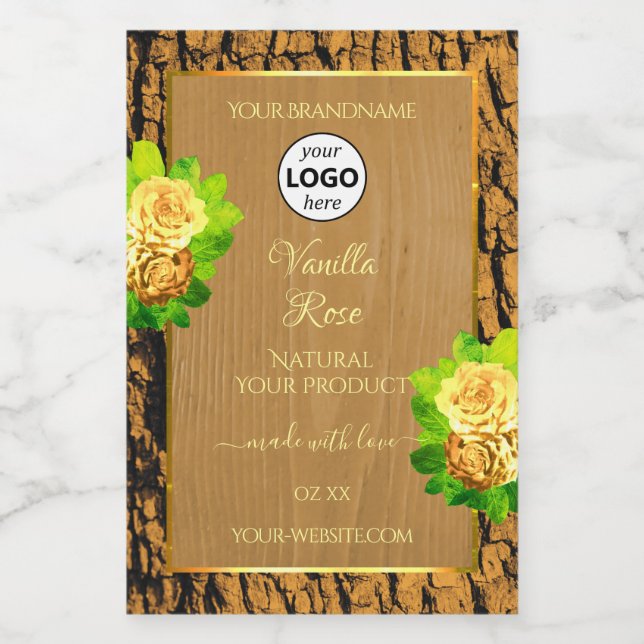 Yellow Roses Product Label Wood Tree Bark and Logo (Single Label)