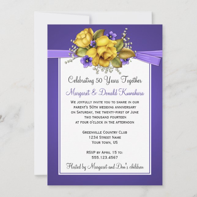 Yellow Roses Purple Violets 50th Anniversary Invitation (Front)