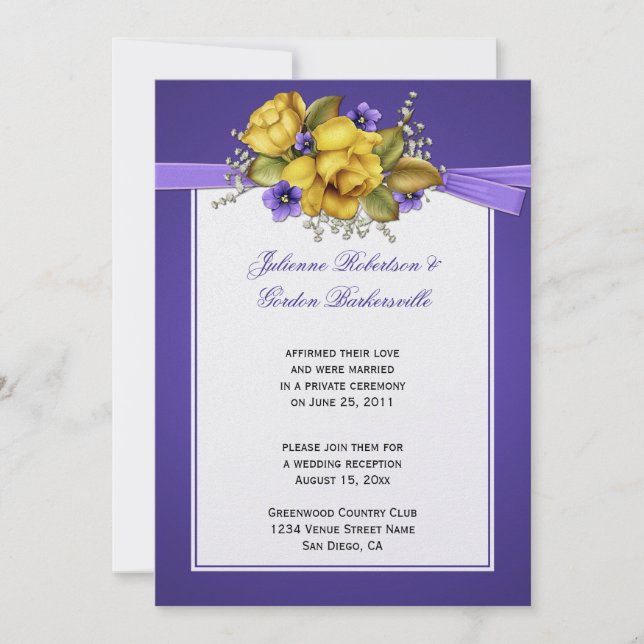 Yellow Roses Purple Violets Post Wedding Invitation (Front)