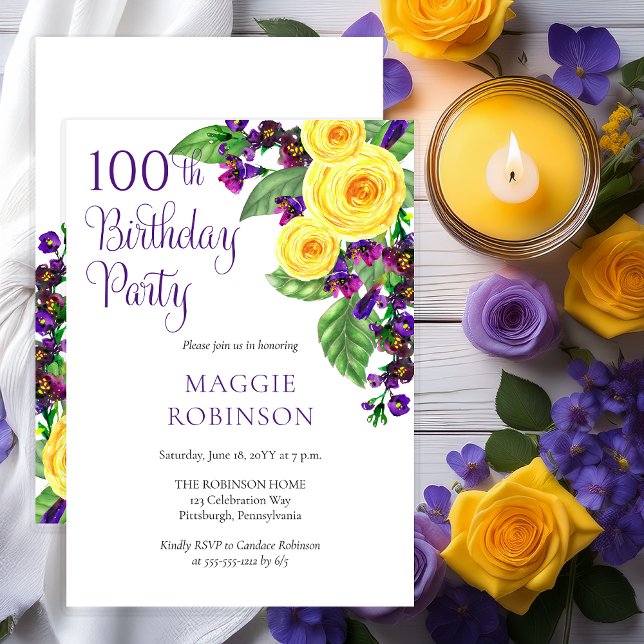 Yellow Roses Violet 100th Birthday Party  Invitation (Elegant Yellow Roses and Purple Violets Floral 100th Birthday Party Invitation - Print | Digital)