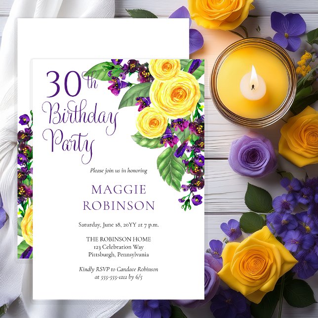 Yellow Roses Violet 30th Wedding Birthday Party Invitation (Elegant Yellow Roses and Purple Violets Floral 30th 50th Birthday Party Invitation - Print | Digital)