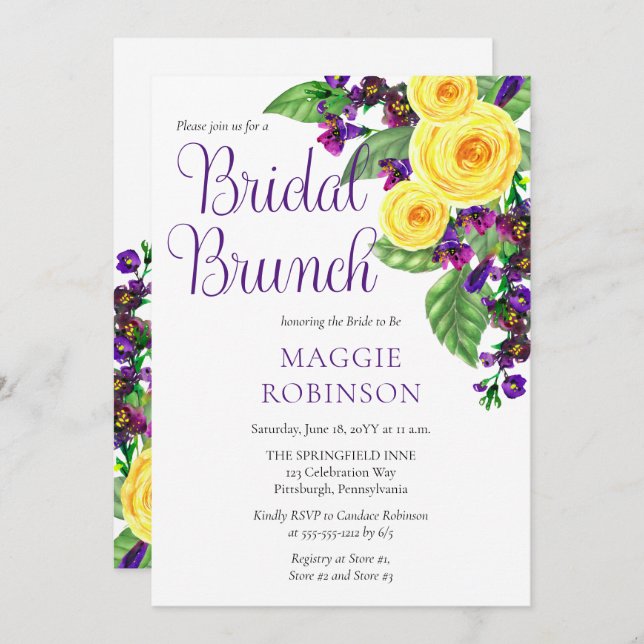 Yellow Roses | Violets Boho Floral Bridal Brunch Invitation (Front/Back)