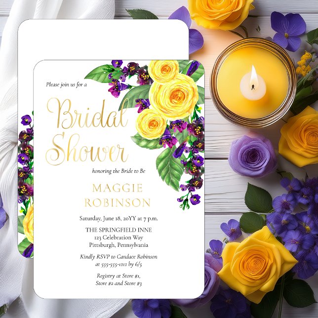 Yellow Roses | Violets Boho Floral Bridal Shower (Elegant Yellow Roses and Purple Violets Floral Gold Foil Bridal Shower Invitation)