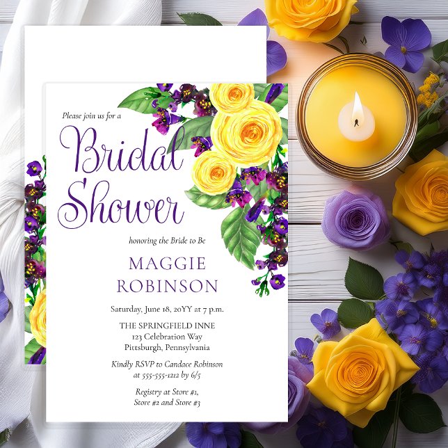 Yellow Roses | Violets Boho Floral Bridal Shower Invitation (Elegant Yellow Roses and Purple Violets Boho Floral Bridal Shower Invitation - Print | Digital)