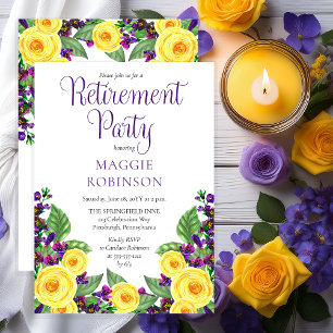 Yellow Roses  Violets Boho Floral Retirement Party Invitation