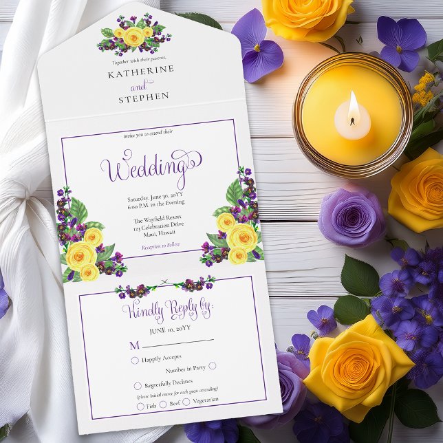 Yellow Roses | Violets Boho Floral Wedding All In One Invitation (Elegant Yellow Roses and Purple Violets Floral All in One Wedding Invitation)