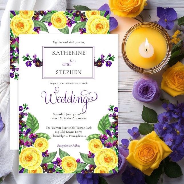 Yellow Roses |Violets Boho Floral Wedding Invitation (Elegant Yellow Roses and Purple Violets Floral Wedding  Invitation - Print | Digital)