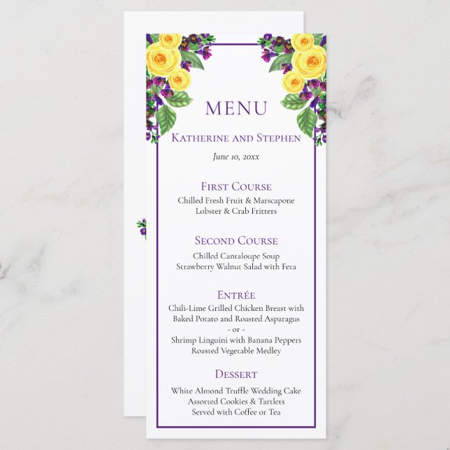 Yellow Roses | Violets Boho Floral Wedding Menu (Front/Back)