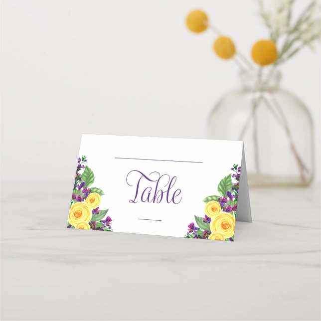 Yellow Roses | Violets Boho Floral Wedding Place Card (Front)