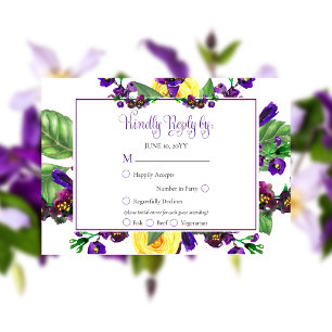 Yellow Roses Violets Boho Floral Wedding RSVP Card