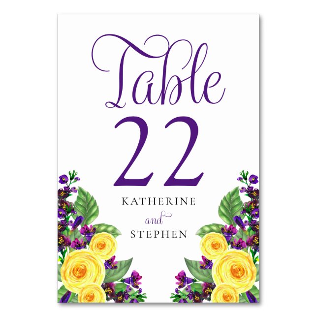 Yellow Roses | Violets Boho Floral Wedding  Table Number (Front)