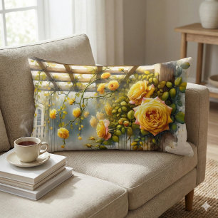 Yellow Roses Watercolor Garden Lumbar Cushion