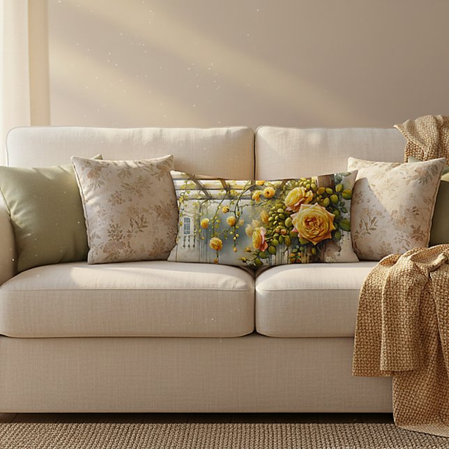 Yellow Roses Watercolor Garden Lumbar Cushion (Yellow Roses Watercolor Garden Lumbar Pillow)